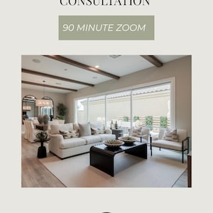 Puede incluir: Anuncio de consulta de diseño de interiores. La imagen muestra un salón moderno con sofás blancos, sillas y una mesa de centro negra. El texto dice "Consulta de Diseño de Interiores" y "90 minutos Zoom". El logotipo de Casa Aurea Interiors es visible.