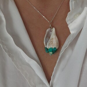 Art Nouveau Conch Shell Pendant Necklace and Mother of Pearl – Sculpted Rosebud Floral Amulet with Inlaid Opal Dewdrop