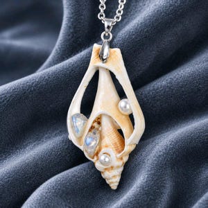 May include: A pendant necklace featuring a tan and white spiral seashell frame adorned with two small white pearls and two iridescent, translucent stones, suspended from a silver-toned metal chain link necklace.