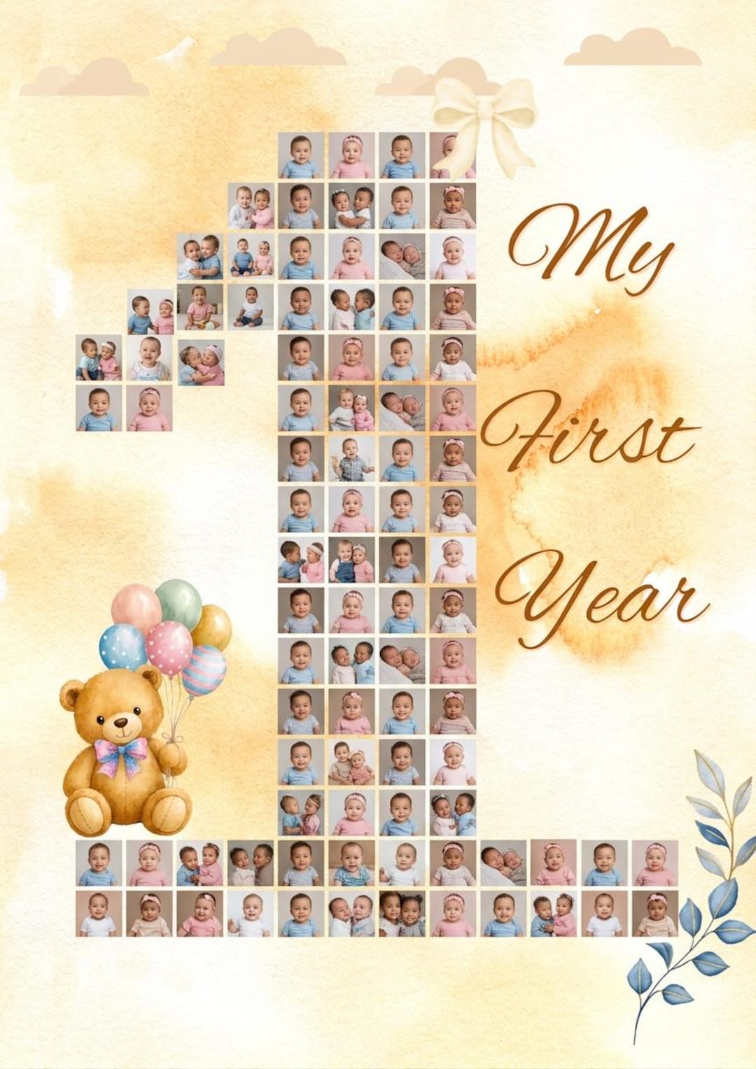 1st Birthday Photo Collage Template, Neutral Editable Canva Number 1 ...