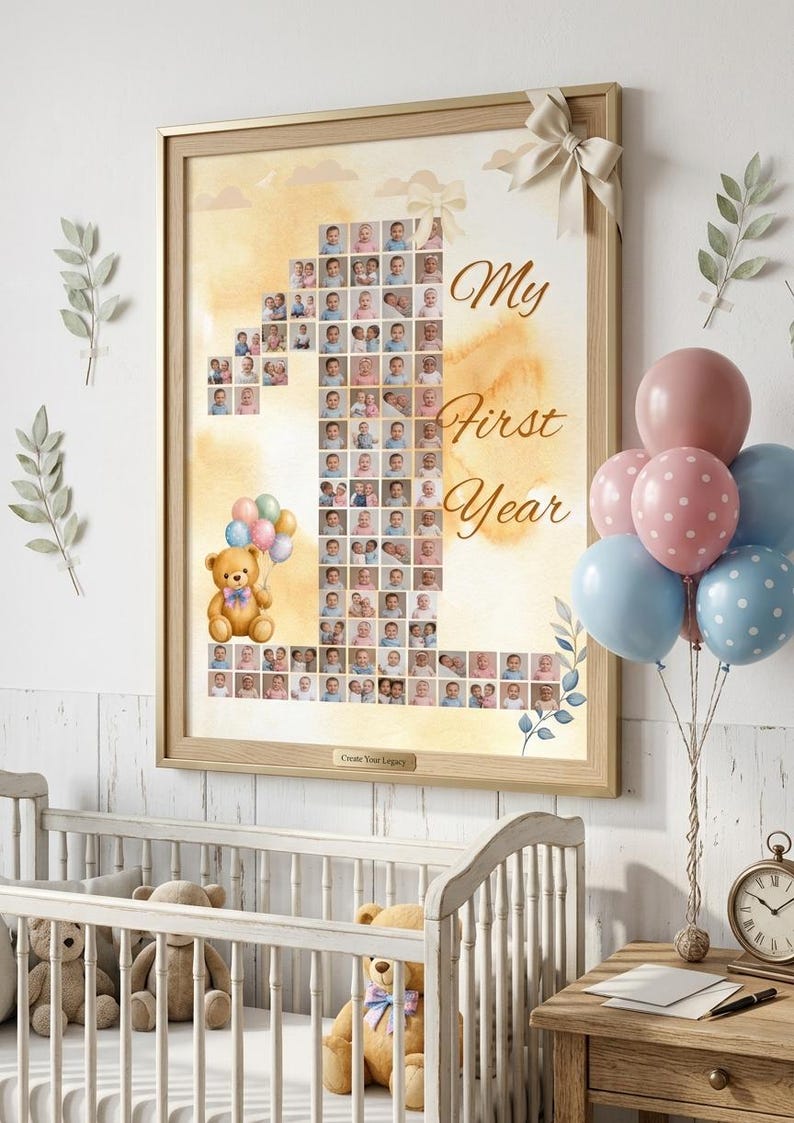 1st Birthday Photo Collage Template, Neutral Editable Canva Number 1 ...