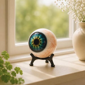 Könnte beinhalten: Dekorative Augapfelskulptur mit detaillierter blau-grüner Iris, auf einem schwarzen Ständer. Die Lederhaut ist weiß mit roten Adern. Die Skulptur wird auf einer Fensterbank ausgestellt, was auf ein einzigartiges Wohnaccessoire hindeutet.