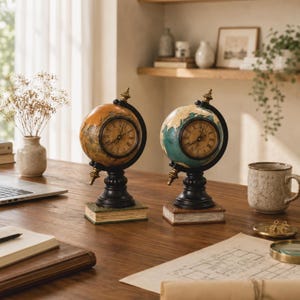 May include: Two globe-shaped clocks with black bases and ornate details sit on a wooden desk. One clock has an orange and brown globe, the other a blue and green globe. Both have clock faces and are placed on small book-shaped bases.