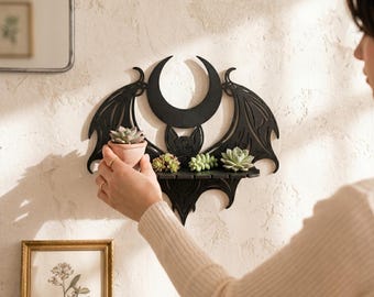 Gothic Bat Wall Shelf Moon Wall Decor Witchy Floating Shelf Crystal Display Shelf Dark Aesthetic Goth Home Decor Spooky Witchcraft Gift 30cm