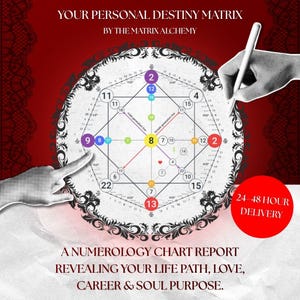 Pode incluir: Um gráfico de numerologia circular intitulado YOUR PERSONAL DESTINY MATRIX BY THE MATRIX ALCHEMY. O gráfico apresenta uma estrela central, círculos numerados e linhas. O texto diz A NUMEROLOGY CHART REPORT REVEALING YOUR LIFE PATH, LOVE, CAREER & SOUL PURPOSE.