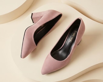 Block Heel Pumps for Women, Pointed Toe Suede Court Shoes, Plus Size Chunky Heel Dress Shoes, Vegan Suede Slip On Heels UK