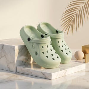 Könnte beinhalten: Ein Paar hellgrüne Clogs mit zahlreichen Belüftungslöchern. Die Schuhe haben eine runde Spitze und einen Riemen am Rücken. Die Clogs bestehen aus einem glatten Material und werden auf einer Marmoroberfläche präsentiert.