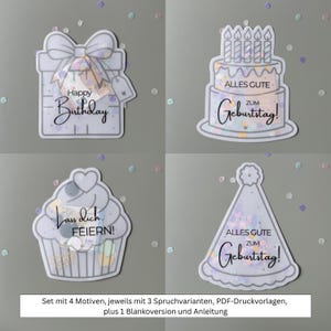 Könnte beinhalten: Ein Set aus vier gestanzten Papierformen, bestehend aus einem Geschenk mit Happy Birthday, einer Torte mit ALLES GUTE ZUM GEBURTSTAG, einem Cupcake mit Lass dich FEIERN und einer Partyhütchen mit ALLES GUTE ZUM GEBURTSTAG, gefüllt mit Konfetti.