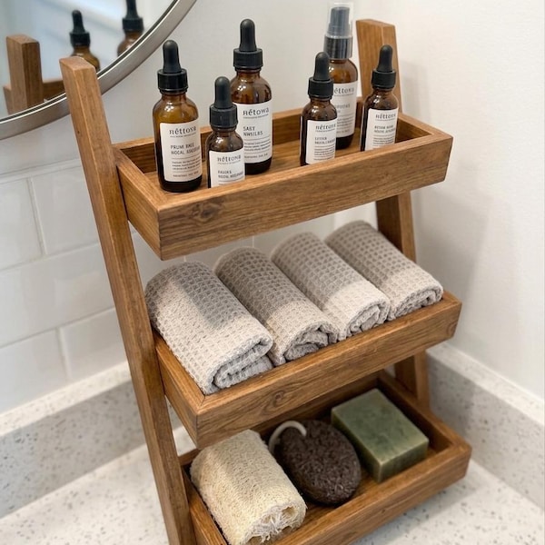 Solid Wood Bathroom Organizer | 3 Tier Ladder Style Countertop Caddy