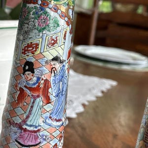 Vintage Chinese Rose Medallion Porcelain Candlesticks Pair 10" Hand Painted Famille Rose Export Candle Holders
