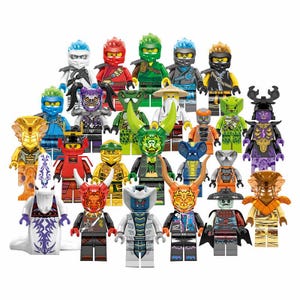 May include: A collection of twenty-five plastic minifigures featuring various characters with diverse headgear, masks, and armor. The figures include human-like warriors in colored outfits and snake-like creatures with textured scales and horns.