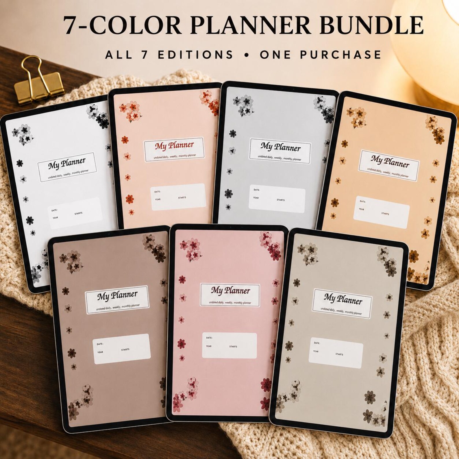 Undated Digital Planner Bundle, 7 Color Editions, Daily Weekly Monthly ...