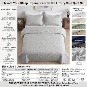 May include: A silver-colored quilt set featuring a coin-stitch pattern, including a bedspread and two matching pillowcases. The set is made of 100% polyester microfiber. The text includes "Elevate Your Sleep Experience with the Luxury Coin Quilt Set" and a size guide with dimensions in inches.