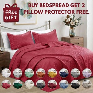 Luxury Quilted Bedspread Set With Free 2 Pillow Protector | Crimson Red Coin Pattern Coverlet, Microfiber Polyester