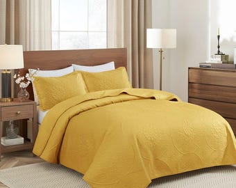 Ochre Floral Quilt Bedding Set Twin, Queen, King, Cal King | Soft Polyester Bedspread