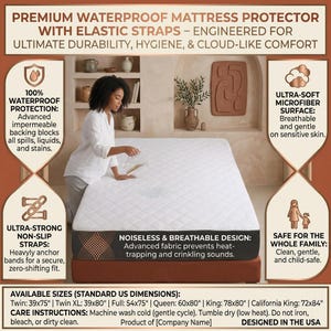May include: A white quilted mattress protector with elastic straps. Text highlights features like 100% waterproof protection, ultra-soft microfiber surface, and noiseless design. Includes a list of standard US dimensions from Twin to California King.