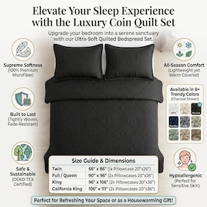 May include: A charcoal gray quilt set featuring a circular stitched pattern, including a bedspread and two matching pillowcases. The image displays text detailing features like microfiber material, all-season comfort, and a size guide with dimensions.