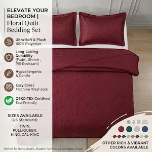 May include: A deep burgundy floral quilt bedding set featuring a quilt and two matching pillow shams. The text on the left lists features including 100% polyester, hypoallergenic, and machine washable. Available sizes include twin, full, queen, king, and cal-king.