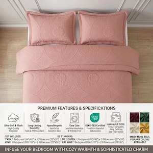 May include: A dusty rose bedspread set featuring a quilted circular pattern, including two matching pillowcases. The text lists premium features, Oeko-Tex certification, and US standard sizes ranging from 66x86 inches to 106x111 inches.