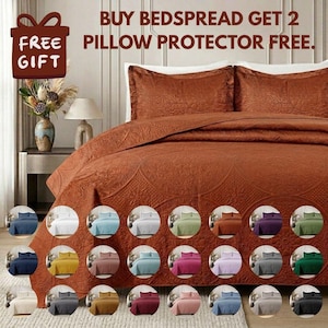 3pc Rust Floral Embossed Quilted Bedspread Reversible With Free 2 Pillow Protector King Queen Size Coverlet Bedding Throw
