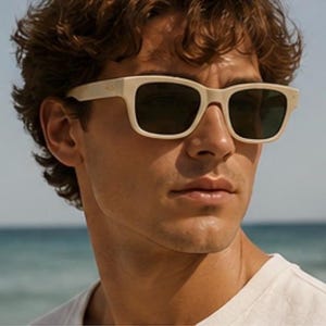 Puede incluir: Gafas de sol color crema con lentes oscuras. Las gafas tienen una montura cuadrada y las lleva una persona. El fondo muestra una playa y el océano.