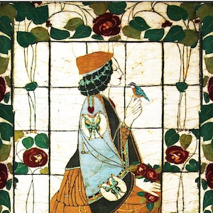 Puede incluir: Un dise&ntilde;o de vitral con una mujer con un vestido azul y naranja con un p&aacute;jaro posado en su dedo. La ventana est&aacute; enmarcada por un borde de hojas verdes y flores rojas.