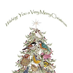 Little Birds Christmas Tree Card, Custom Hand Made Christmas Tree Card, Bird Lovers Card for Christmas, Fantasy, Magical, Nature