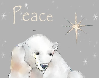 Box of 10 Custom Polar Bear PEACE Cards~Custom Christmas Cards~PEACE Bear with little birds~Polar Bear Fantasy Card~Holiday Polar Bear