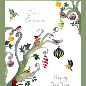 LadyWhoLovesBirds Christmas Bird Card with glitter, Watercolor Little Birds Holiday, Chickadee, Nuthatch, Hummingbird, ornaments and birds