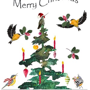 CUSTOM Hummingbird Goldfinch Christmas Tree Cards, Hand Made Fantasy Little Bird Holiday Cards, Magical Merry Christmas, Deck the Halls