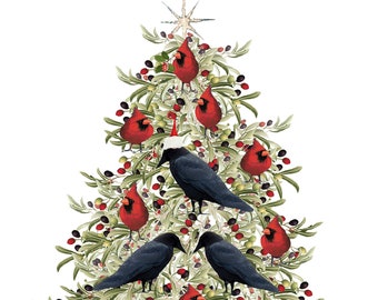 Santa Crow and Cardinal Christmas Tree Cards, Handmade Holiday Cards, Black and Red Holiday Birds,LadyWhoLovesBirds