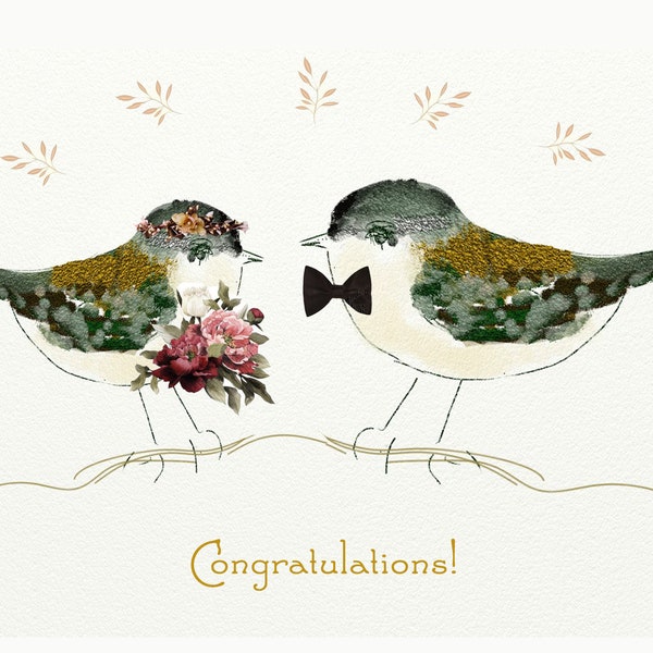 LIttle Birds CUSTOM Wedding Card, Pair of Chickadees, Love Birds, Fantasy Bride and Groom Birds getting married,  Sweet Marriage Bird Card