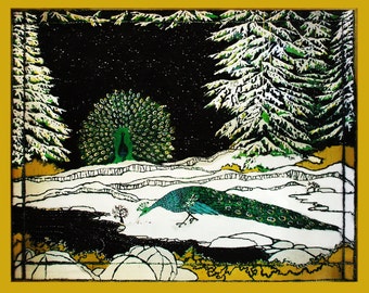 May include: A peacock with its tail feathers spread out stands in a snowy forest scene. The peacock is green and blue with a white head. The forest is dark green with white snow on the trees. The background is black with white stars.