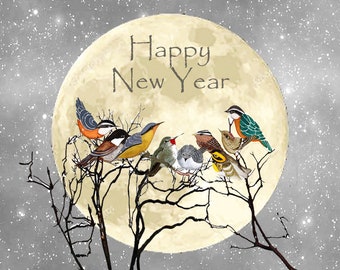 Cosmic New Year Glitter Cards with Little Birds, Moon and Songbirds Christmas Cards, Gift Box of Garden Birds