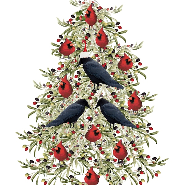 Santa Crow and Cardinals Christmas Cards Silver Glitter, Handmade Christmas Ravens Cardinals, Black & Red Holiday Birds, Corvids