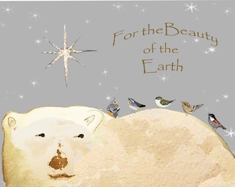 Polar Bear Peace on Earth Card~Polar Bear with little birds~Polar Bear Fantasy Card~For the Beauty of the Earth