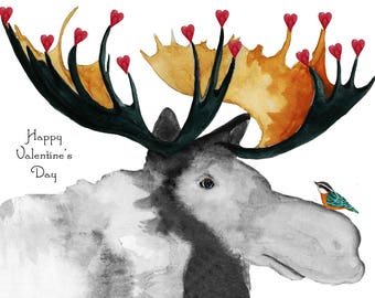 Gift Box of 10 Moose Cards~10 Moose Valentines and Hearts~Moose & Little Bird~Moose Fantasy Cards~Moose Cards