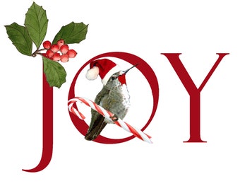Christmas Hummingbird Card JOY~Ruby Throat JOY Holiday Card~Hand Made Christmas Hummer Card