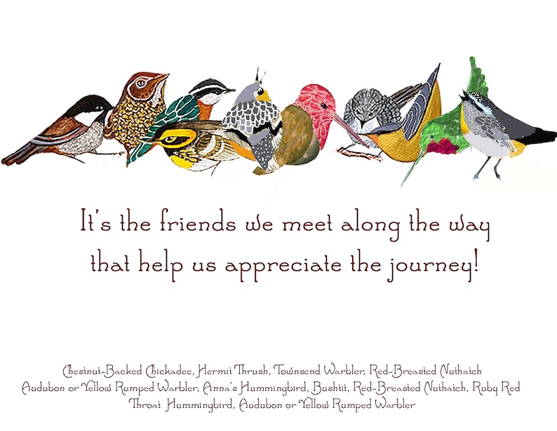 Puede incluir: Una ilustraci&oacute;n colorida de un grupo de p&aacute;jaros con el texto "It's the friends we meet along the way that help us appreciate the journey!" Las aves incluyen un  Chestnut-Backed Chickadee, un  Hermit Thrush, un  Townsend Warbler, un  Red-Breasted Nuthatch, un  Audubon o Yellow Rumped Warbler, un  Anna's Hummingbird, un  Bushti, un  Red-Breasted Nuthatch, un  Ruby Red Throat Hummingbird y un  Audubon o Yellow Rumped Warbler.