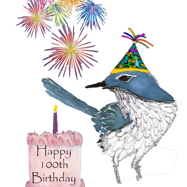 Scrub Jay Birthday Cake Card~Fantasy Blue Bird~Jay Celebrates Custom Card~Happy 100th Birthday!