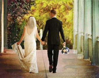 Retrato de boda personalizado en seda, fusión de fotos en acuarela, regalo de aniversario de lujo