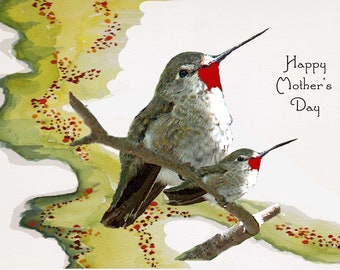 Hummingbird Mothers Day Card~Handmade Ruby Throat Hummingbird Birthday Card~Hummer Babies Card~Hummer Card for Mom~Bird Lovers