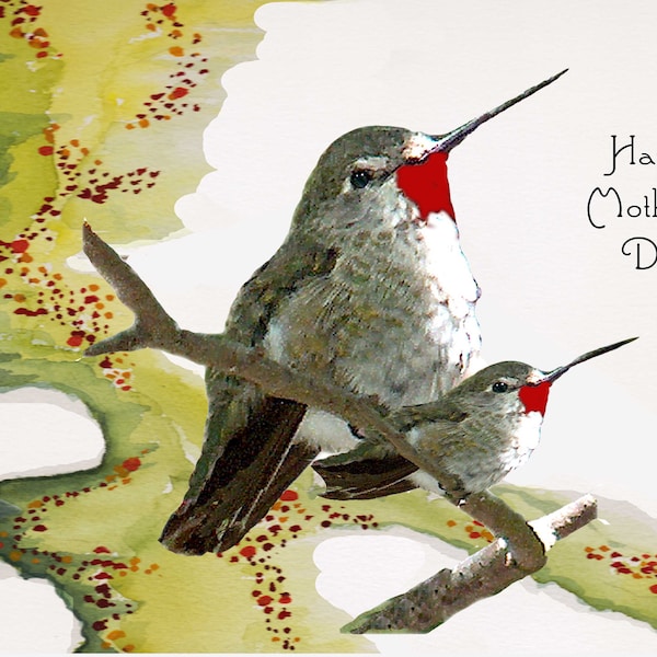 Hummingbird Mothers Day Card~Handmade Ruby Throat Hummingbird Birthday Card~Hummer Babies Card~Hummer Card for Mom~Bird Lovers