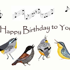 Little Birds Singing Birthday Greeting Card~Celebration~SONGBIRDS~Friends~Happy Birthday to you~Musical Notes~Fantasy Birds Birthday