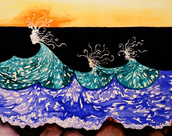 Impresión de seda personalizada para mamá surfista familiar: Hadas de las olas, paisaje marino