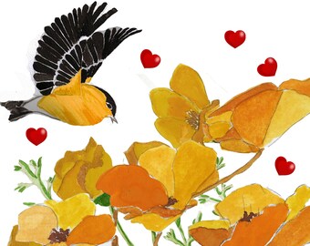 TEN GOLDFINCH Songbird Cards for Birdlovers~Little Bird and Poppies Valentines~Custom Card for her~Goldfinch and Hearts