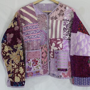 Indigo Patchwork Kantha Quiltad Jacka, Boho Bomull Ytterkläder, Blommigt Mönster Kappa