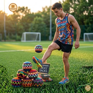 Handgjort Guatemalanskt Hacky Sack Set, Virkade Jongleringsbollar i Bomull, Färgglad Geometrisk Stickad Sparkboll