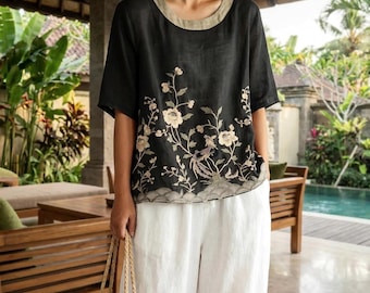 Embroidered Floral Cotton Linen Blouse, Loose Boho Summer Top, Vintage Shirt