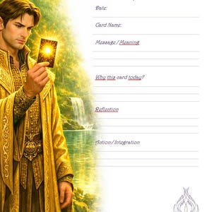 Op de afbeelding: Een Card Insight Page journalblad met een figuur in gouden gewaden die een gloeiende kaart vasthoudt. De tekst bevat Date, Card Name, Message/Meaning, Why this card today?, Reflection en Action/Integration met lijnen voor notities.